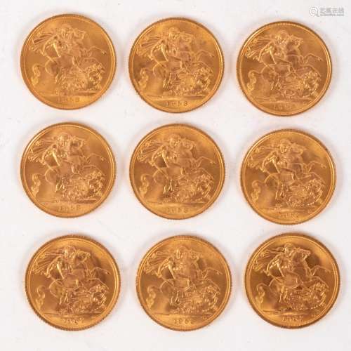 Nine Elizabeth II gold sovereigns,