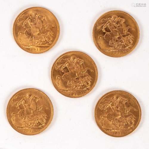 Five George V gold sovereigns, 1912 (2), 1914 (P), 1915,