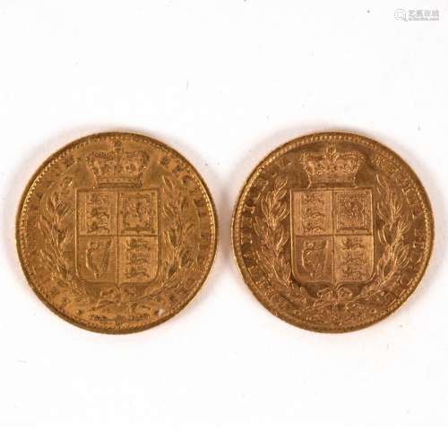 Two Queen Victoria gold sovereigns, 1853 and 1871,