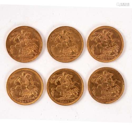 Six Queen Victoria gold sovereigns, 1895 (M), 1899 (P), 1900, 1900 (M), 1901 (S),