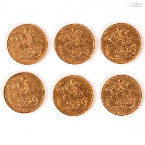 Six Edward VII gold sovereigns, 1903, 1904, 1908, 1908 (S), 1909,