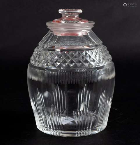 A Georgian cut glass honey jar and cover with hobnail cut panels, 12.