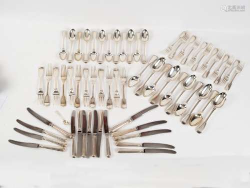 A matched canteen of silver fiddle and thread pattern flatware, mainly Victorian, various makers,