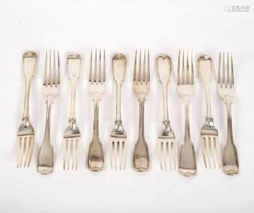 Ten Victorian silver fiddle and thread pattern table forks, various dates and makers,