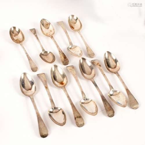 Twelve Old English pattern silver tablespoons, nine by JH, London 1825 and three matching,