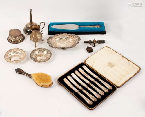 Sundry silver items, to include bonbon dishes, a damaged wine funnel, a capstan inkwell,