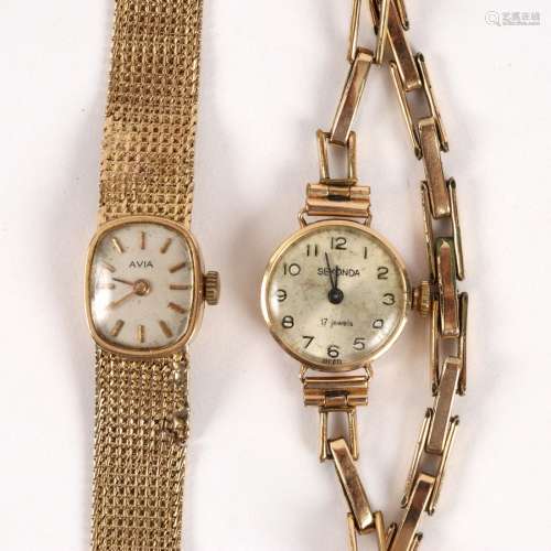 A lady's 9ct gold cased Sekonda cocktail watch on an expanding bracelet and another by Avia on a