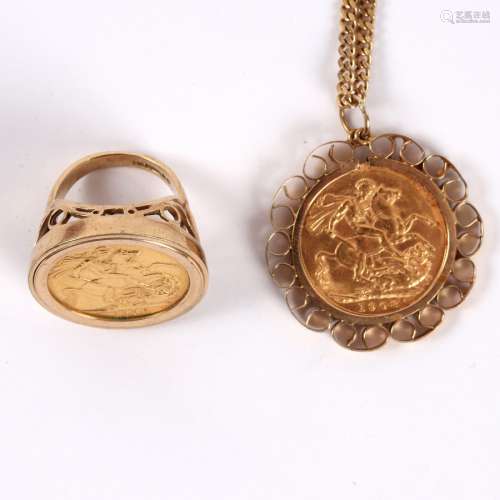 A 1968 gold sovereign ring set in 9ct gold and a 1908 gold sovereign mounted as a pendant to a 9ct