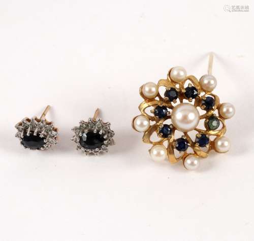 A sapphire and pearl cluster brooch set in 9ct gold,