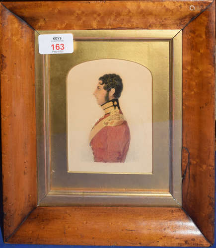 English School (19th century), Portrait of a soldier, watercolour, 12 x 9cm (maple framed)