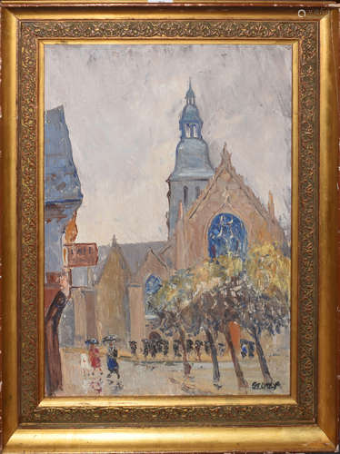 French School (20th century), Street scene with figures by a church, oil on panel, indistinctly