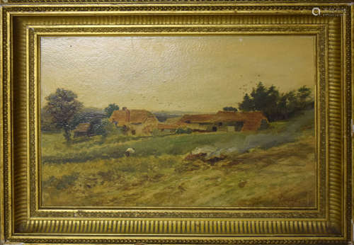 Leopold Rivers (1852-1905), Landscape with farmstead, oil on board, signed lower right, 16 x 25cm