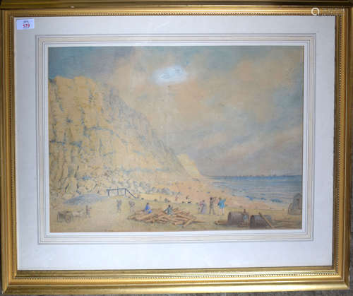 English School (19th century), Beach scene with figures, horse and cart etc, possibly Cromer,