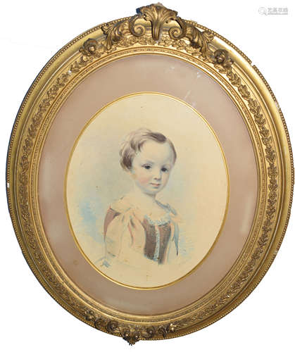 J Caw (19th century), Portrait of a young child, watercolour, signed and dated 1863 lower right,