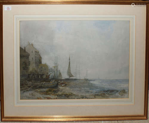 Albert Pollitt (1856-1920), Beach scene with fisherfolk, boats and houses, watercolour, signed and