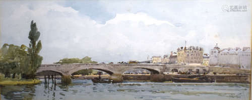 A Bernard (19th/20th century), Continental river scene with bridge, watercolour, signed lower right,