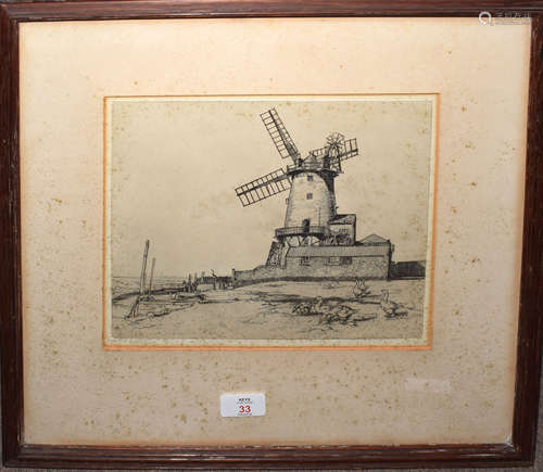 Hilda E Hutchings (20th century), Cley Mill, black and white etching, signed in pencil to lower