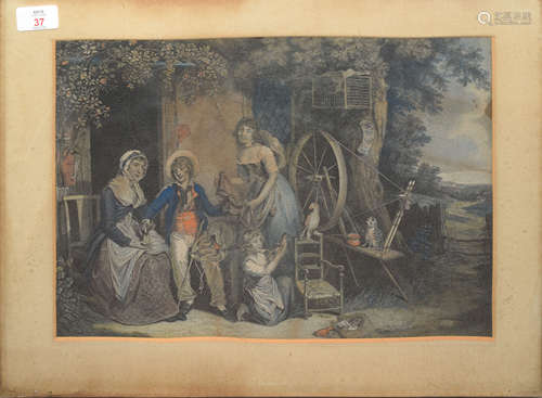 Figures before a Cottage, 19th century coloured engraving, 27 x 40cm