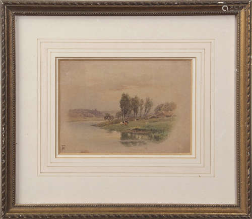 Attributed to Miles Birket Foster (1825-1899), River landscape with cattle, watercolour, monogrammed