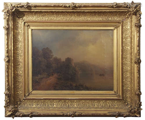 Continental School (19th century), Lakeland scene at sunset with figures, oil on canvas, monogrammed