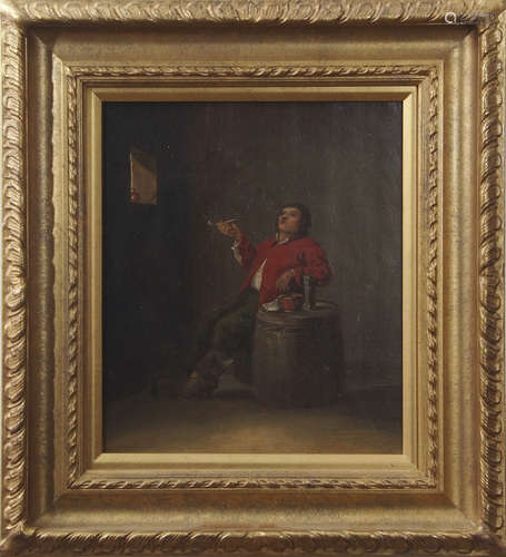 Continental School (19th century), Interior scene with figure smoking a pipe by a window, oil on