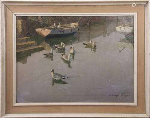 •AR Vernon de Beauvoir Ward (1905-1985), Harbour scene with gulls, oil on canvas, signed lower