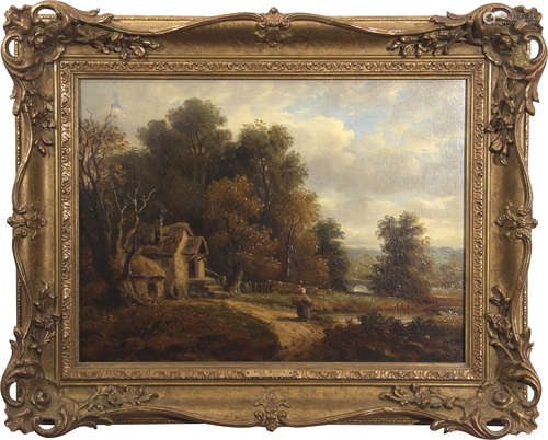 John Moore of Ipswich (1820-1902), Country Landscape with figure and cottage, oil on canvas,