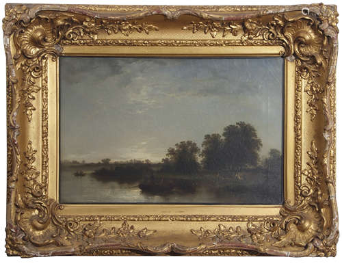 Attributed to John Crome (1768-1821), River landscape with figures in boats and cattle to water's