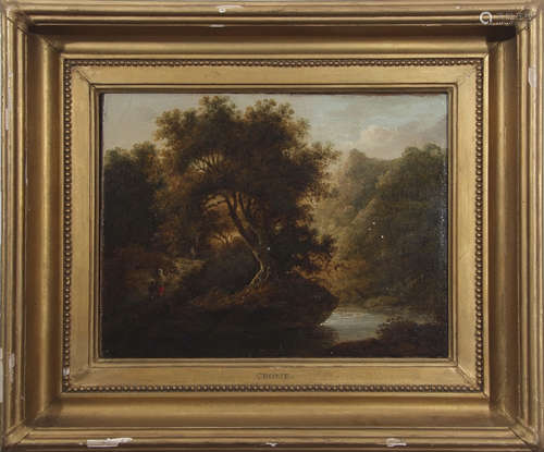 Attributed to John Crome (1768-1821), Mountain river landscape with mother and child, oil on canvas,