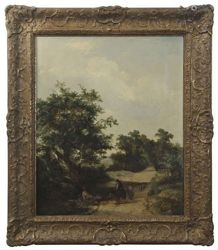 Norwich School (19th century), wooded landscape with travellers resting, oil on canvas, 60 x 49cm