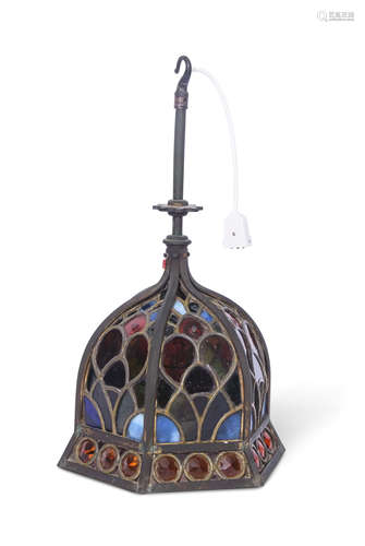 Arts & Crafts style unusual coloured leaded glass mounted hanging light of conical form, multi-