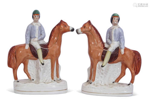 Group of two Staffordshire jockeys mounted on horses (2)