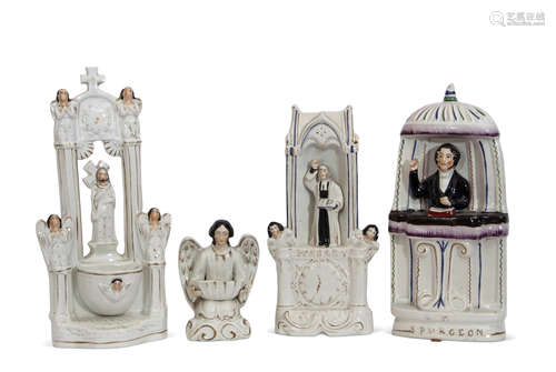 Group of Staffordshire figures of religious interest including Spurgeon and Wesley, and two