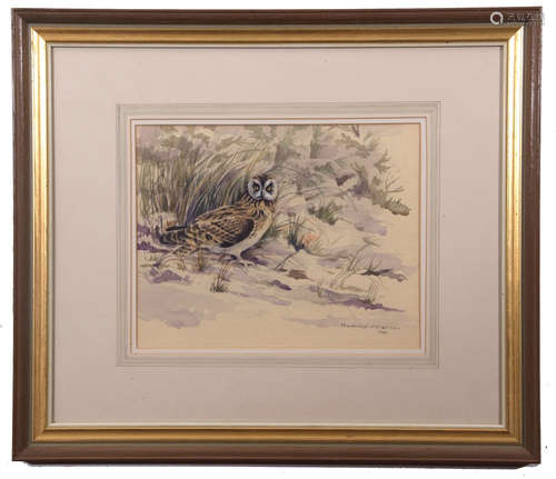 •AR Frederick J Watson (20th Century), Little Owl in Landscape, watercolour, signed and dated 1985