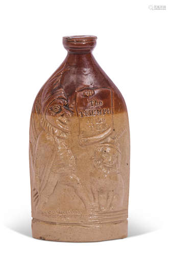 Rare Doulton & Watts mid-19th century pottery flask, the front with a picture of Punch with dog