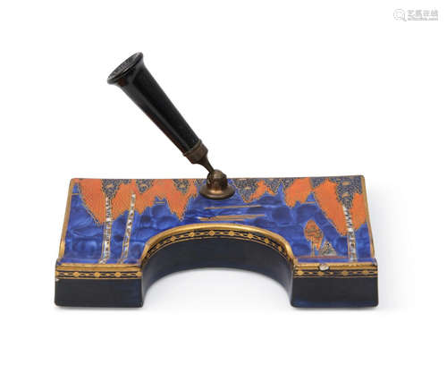 1930s Carlton ware Art Deco pen holder, the pottery body with an Art Deco design in blue and orange,