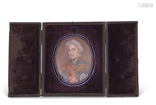 19th century gold and enamelled framed portrait miniature of Viscount Lord Nelson, after Hoppner,