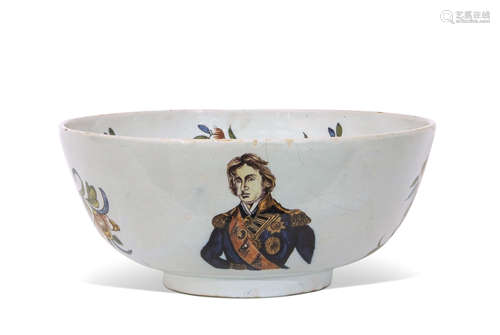 Interesting Delft ware circular bowl with polychrome decoration including a bust of Nelson with