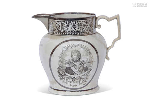 Rare early 19th century pearlware silver lustre jug decorated with a portrait of Nelson at