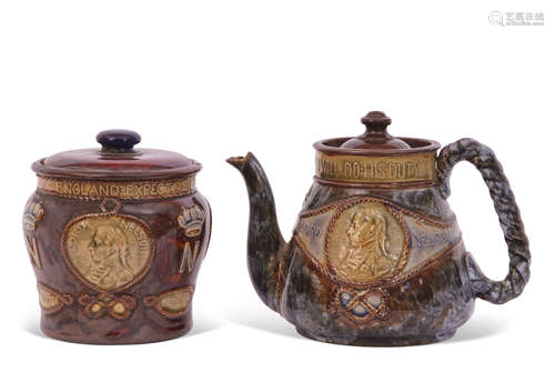 Royal Doulton tobacco jar with Lord Nelson and HMS Victory, together with Royal Doulton Nelson tea