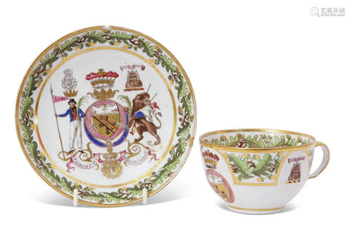 An important early 19th century English porcelain cup and saucer, probably Coalport, decorated