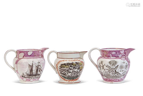 Two Sunderland lustre jugs, one decorated with a sailor's poem and Masonic emblems verso, the second