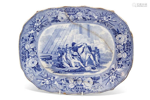 Rare Jones & Sons British History series meat plate, early 19th century, printed in blue and white