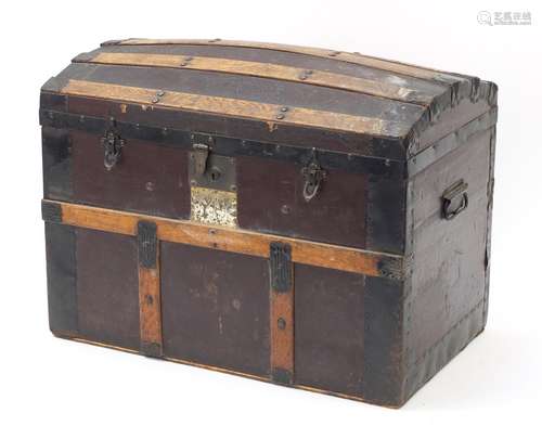 Victorian wooden bound dome top travelling trunk with carrying handles, 56cm H x 75.5cm W x 46cm D :