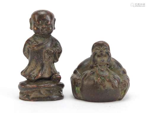 Two Chinese patinated bronzes comprising a young boy and Buddha, the largest 5cm high : For