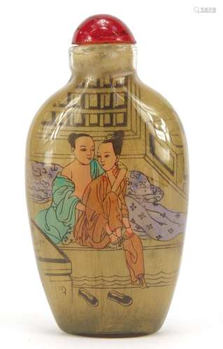 Chinese glass snuff bottle decorated with erotic scenes, 7.5cm high : For Condition Reports Please