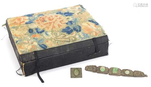 Chinese silk embroidered jewellery box together with a white metal bracelet and brooch inset with