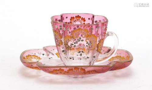 Continental glass cup and saucer enamelled with flowers, the saucer 13cm wide : For Condition