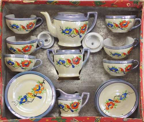 Vintage Japanese child's/doll's house tea set with box, hand painted with birds, 10cm high : For