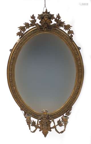 19th century gilt gesso girandole wall mirror with bevelled plate, 103.5cm high x 61cm wide : For